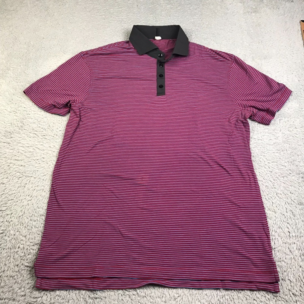 Lululemon Shirt Mens XL Red/Blue Striped Performance Polo Short Sleeve *Flaw
